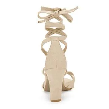 Allegra K Women's Open Toe Lace Up High Block Beige Heeled Sandals - 4.5 M US