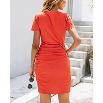 BTFBM Women’s Summer Casual V Neck Short Sleeve Ruched Bodycon T Shirt Short Mini Dresses with Buttons (Orange Red, Medium)