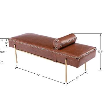 ZSARTS Brown Leather End of Bed Bench, 55'' Modern Upholstered Bedroom Bench with Gold Legs Long Ott...