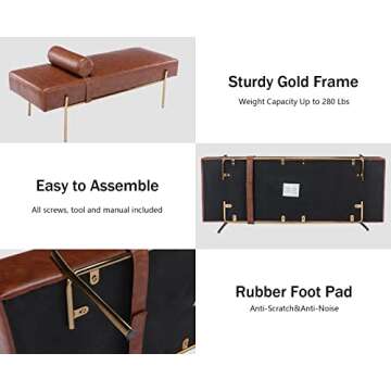 ZSARTS Brown Leather End of Bed Bench, 55'' Modern Upholstered Bedroom Bench with Gold Legs Long Ottoman Window Extra Seating for Living Room Foyer Indoor Entryway (Brown) Faux Leather
