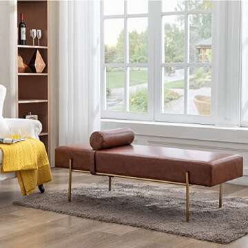 ZSARTS Brown Leather End of Bed Bench, 55'' Modern Upholstered Bedroom Bench with Gold Legs Long Ottoman Window Extra Seating for Living Room Foyer Indoor Entryway (Brown) Faux Leather