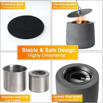 Table Top Fire Pit Bowl - Concrete Tabletop Fireplace Indoor Outdoor Decor Portable Mini Personal Rubbing Alcohol Burner Smores Maker for Garden Patio Balcony with Extinguisher
