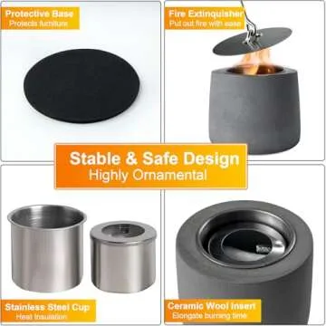Table Top Fire Pit Bowl - Concrete Tabletop Fireplace Indoor Outdoor Decor Portable Mini Personal Rubbing Alcohol Burner Smores Maker for Garden Patio Balcony with Extinguisher