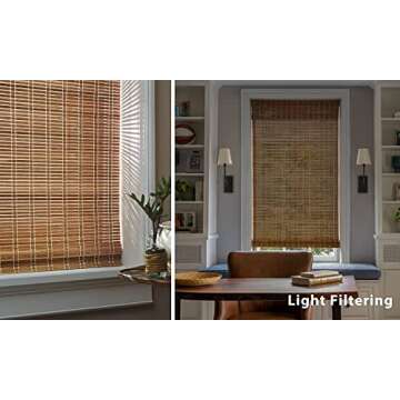 LazBlinds No Tools No Drill Cordless Bamboo Roman Shades, Light Filtering Window Treatment, Roll Up Bamboo Blinds for Window 27'' W x 64'' H, Brown
