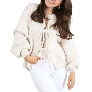 Women Tie Front Knit Cardigan Sweater Y2K Long Sleeve Open Front Knit Shirt Top Fall Oversized Knitw...