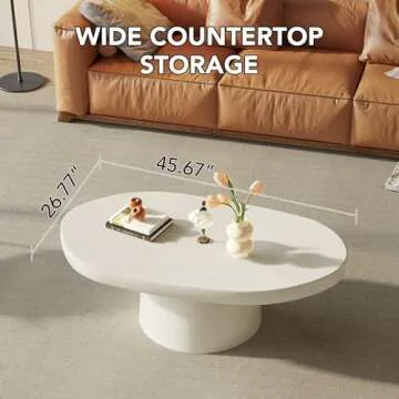 HOTICKME Oval Coffee Table for Living Room, Modern Center Table with Unique Pedestal, White Tea Table, Easy Assembly, 45.67" L Central Table