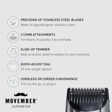 Panasonic Multi-Groomer Men’s Trimmer for Beard, Hair and Body, 39 Trim Length Settings with 3 Attachments, Corded/Cordless Operation – ER-GB80-S (Silver)