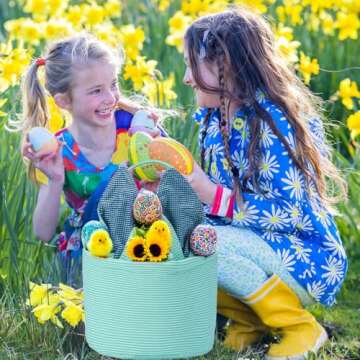 Easter Basket Seersucker Egg Hunt Bunny Baskets for Kids with Cute Rabbit Ears Stripe Storage Gifts ...
