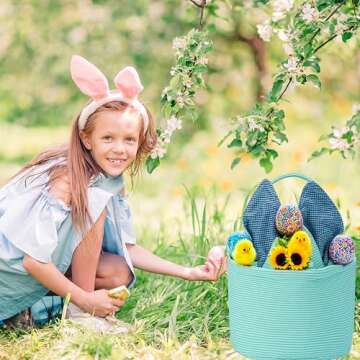 Easter Basket Seersucker Egg Hunt Bunny Baskets for Kids with Cute Rabbit Ears Stripe Storage Gifts Candies Personalized Easter Party Gifts.………