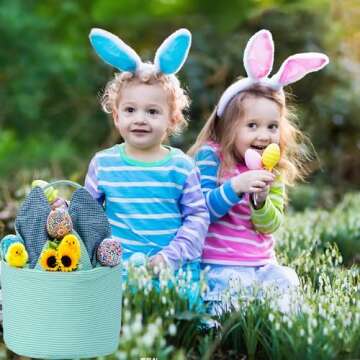 Easter Basket Seersucker Egg Hunt Bunny Baskets for Kids with Cute Rabbit Ears Stripe Storage Gifts Candies Personalized Easter Party Gifts.………