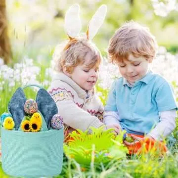 Easter Basket Seersucker Egg Hunt Bunny Baskets for Kids with Cute Rabbit Ears Stripe Storage Gifts Candies Personalized Easter Party Gifts.………