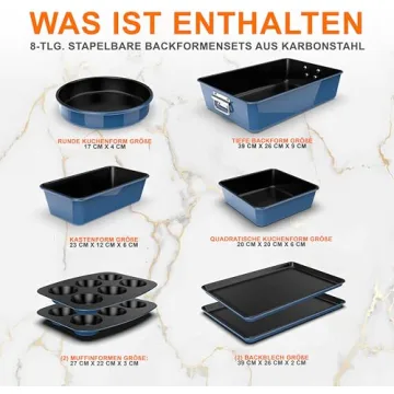 NutriChef 8-Piece Nonstick Stackable Bakeware Set - PFOA, PFOS, PTFE Free Baking Tray Set w/Non-Stick Coating, 450°F Oven Safe, Round Cake, Loaf, Muffin, Wide/Square Pans, Cookie Sheet (Blue)