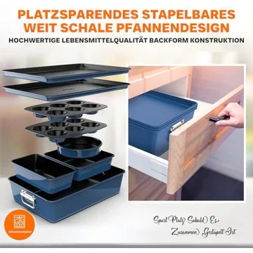 NutriChef 8-Piece Nonstick Stackable Bakeware Set - PFOA, PFOS, PTFE Free Baking Tray Set w/Non-Stick Coating, 450°F Oven Safe, Round Cake, Loaf, Muffin, Wide/Square Pans, Cookie Sheet (Blue)