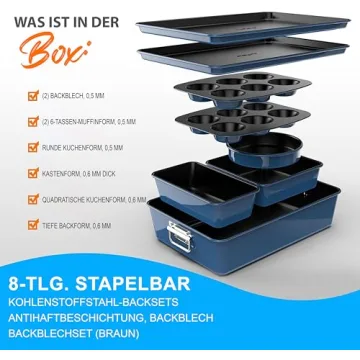 NutriChef 8-Piece Nonstick Stackable Bakeware Set - PFOA, PFOS, PTFE Free Baking Tray Set w/Non-Stick Coating, 450°F Oven Safe, Round Cake, Loaf, Muffin, Wide/Square Pans, Cookie Sheet (Blue)