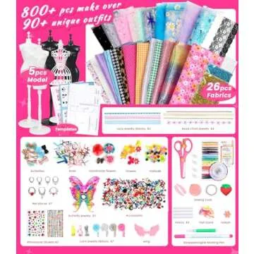 YEETIN Fashion Designer Kits for Girls Ages 6+, 800+Pcs Kids Sewing Kits, Arts & Crafts Set, Doll Cl...
