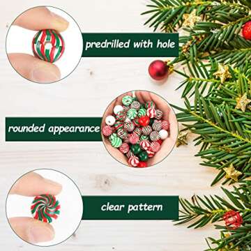 180 Pieces Christmas Beads Candy Cane Wooden Christmas Focal Beads Red Green White Candy Swirl Crafts for Jewelry Making DIY Xmas Garland Tree Home Party Holiday Decoration