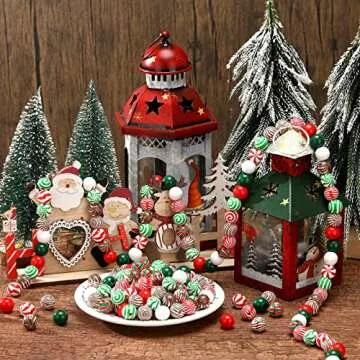 180 Pieces Christmas Beads Candy Cane Wooden Christmas Focal Beads Red Green White Candy Swirl Crafts for Jewelry Making DIY Xmas Garland Tree Home Party Holiday Decoration