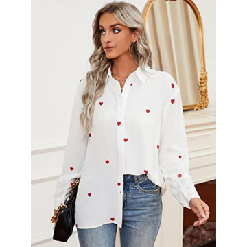OYOANGLE Women's Heart Print Bottom Down Long Sleeve Drop Shoulder Casual Work Shirt White L