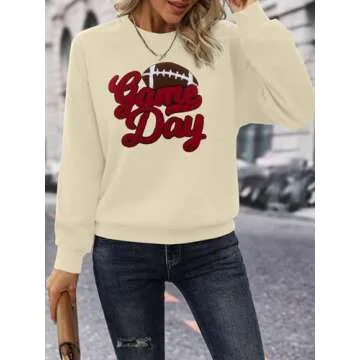 PICKID Football Game Day Sweatshirt for Women Game Day Chenille Patch Shirts Football Graphic Long Sleeve Tops Apricot