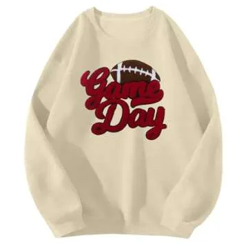 PICKID Football Game Day Sweatshirt for Women Game Day Chenille Patch Shirts Football Graphic Long Sleeve Tops Apricot
