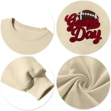 PICKID Football Game Day Sweatshirt for Women Game Day Chenille Patch Shirts Football Graphic Long Sleeve Tops Apricot