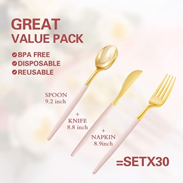 LLSF 90 Pieces Gold Plastic Silverware Set for Parties