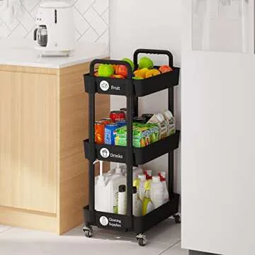 Laiensia 3-Tier Kitchen Storage Cart,Multifunction Utility Rolling Storage Organizer,Mobile Shelving Unit Cart with Lockable Wheels for Bathroom,Laundry,Living Room,With Classified Stickers,Black