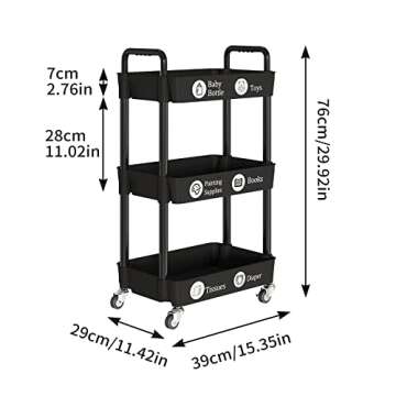 Laiensia 3-Tier Kitchen Storage Cart,Multifunction Utility Rolling Storage Organizer,Mobile Shelving Unit Cart with Lockable Wheels for Bathroom,Laundry,Living Room,With Classified Stickers,Black