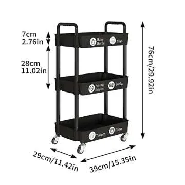 Laiensia 3-Tier Kitchen Storage Cart,Multifunction Utility Rolling Storage Organizer,Mobile Shelving Unit Cart with Lockable Wheels for Bathroom,Laundry,Living Room,With Classified Stickers,Black
