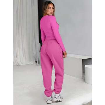 ANRABESS Womens 2 Piece Sweatsuits Long Sleeve Tight Shirt Tops Joggers Fleece Sweatpants Sets 2024 Fall Sweat Lounge Outfits Hot Pink Small