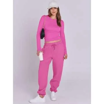 ANRABESS Womens 2 Piece Sweatsuits Long Sleeve Tight Shirt Tops Joggers Fleece Sweatpants Sets 2024 Fall Sweat Lounge Outfits Hot Pink Small