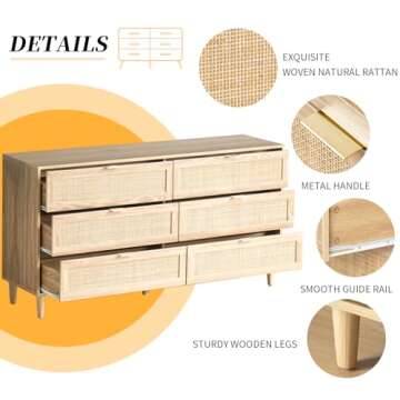 6 Drawer Double Dresser for Bedroom,Natural Rattan Modern Drawer Chest,Wooden Storage Wardrobe Dresser with Gold Handles,Floor Standing Storage Cabinet, for Entrance,Living Room,Hallway-Natural