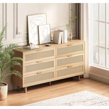 6 Drawer Double Dresser for Bedroom,Natural Rattan Modern Drawer Chest,Wooden Storage Wardrobe Dresser with Gold Handles,Floor Standing Storage Cabinet, for Entrance,Living Room,Hallway-Natural