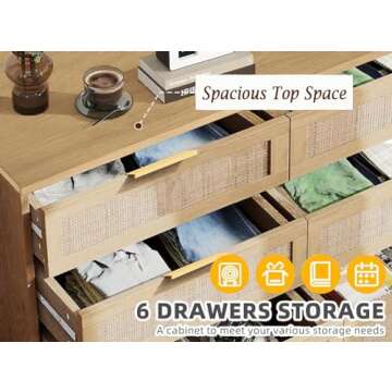 6 Drawer Double Dresser for Bedroom,Natural Rattan Modern Drawer Chest,Wooden Storage Wardrobe Dresser with Gold Handles,Floor Standing Storage Cabinet, for Entrance,Living Room,Hallway-Natural