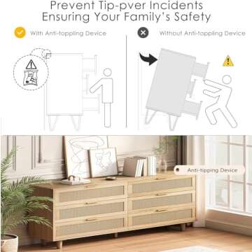 6 Drawer Double Dresser for Bedroom,Natural Rattan Modern Drawer Chest,Wooden Storage Wardrobe Dresser with Gold Handles,Floor Standing Storage Cabinet, for Entrance,Living Room,Hallway-Natural