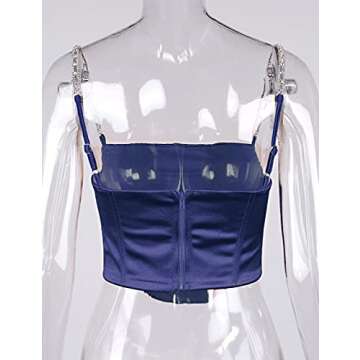 L'VOW Sexy Bustier for Women Fishboned Corset Ruched Satin Crop Top Back Low Cut Clubwear(Navy Blue,S)