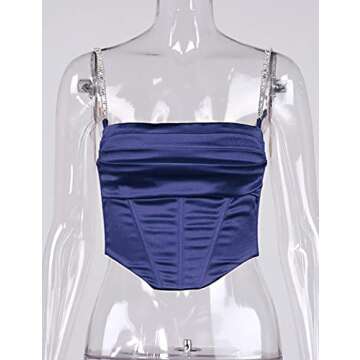 L'VOW Sexy Bustier for Women Fishboned Corset Ruched Satin Crop Top Back Low Cut Clubwear(Navy Blue,S)