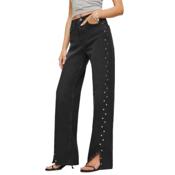 Ladyful Women's Straight Leg Jeans High Waist Casual Stretch Denim Pants Stud Embellished Split Jean...