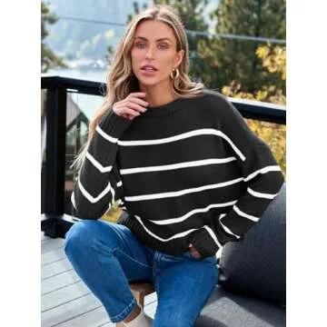 LILLUSORY Womens Cropped Striped Sweater 2025 Trendy Casual Pullover Ribbed Knit Cute Crewneck Lightweight Cotton Cozy Checkred Sweaters Black L