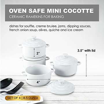 Bruntmor 8.5 Oz Mini Cocotte Ceramic Ramekins for Baking, Mini Casserole Dish with Lid, Cute Stonewa...