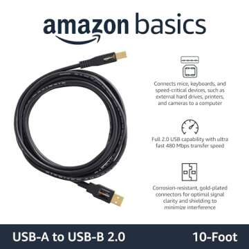 Amazon Basics USB-A to USB-B 2.0 Cable with 480 Mbps Transfer Speed for Printer or External Hard Dri...