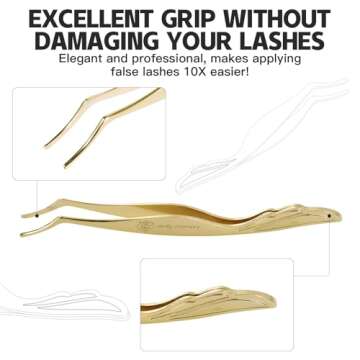 Pretty memory DIY Eyelash Applicator Tool, Curved Eyelash Tweezers for False Lashes, Lash Applicator for Easy Lashes Application and Removal, Gold