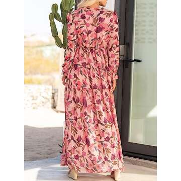 BLENCOT Womens Casual Floral Deep V Neck Long Sleeve Long Evening Dress Cocktail Party Maxi Wedding ...