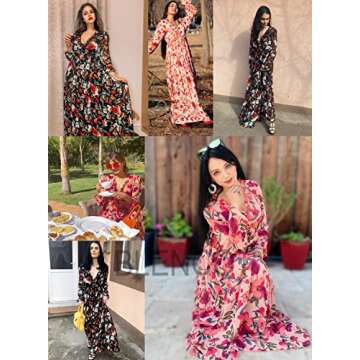 BLENCOT Womens Casual Floral Deep V Neck Long Sleeve Long Evening Dress Cocktail Party Maxi Wedding Dresses Floral Pattern Red Large