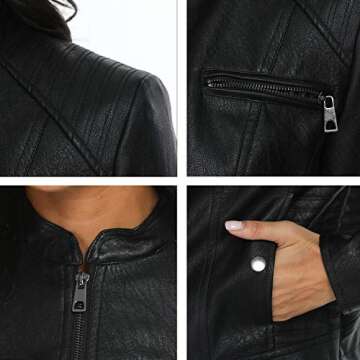 Fahsyee Faux Leather Jacket for Women, Moto Biker Slim Vegan MotorcycleZipper Coat Outwear, Black, Size L