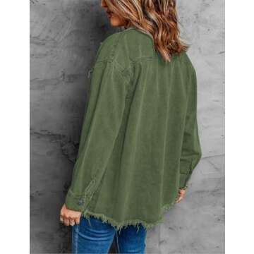 Vetinee Women's Oversized Denim Jacket - Elm Green, Frayed Hem, Pockets, Size 8/10
