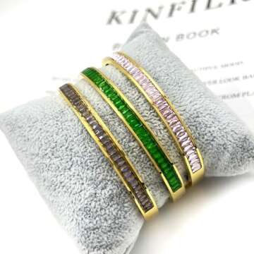 FASLNNAE Colored titanium steel set rhinestone bracelet, 18K gold plated Gold Bracelets for Women (Green)