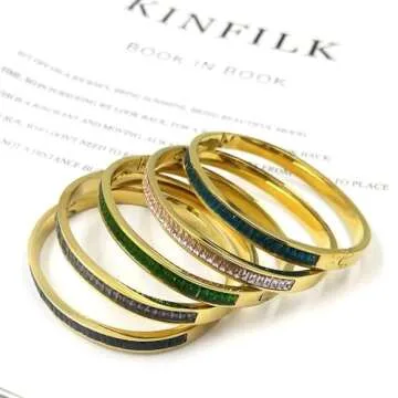 FASLNNAE Colored titanium steel set rhinestone bracelet, 18K gold plated Gold Bracelets for Women (Green)