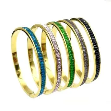 FASLNNAE Colored titanium steel set rhinestone bracelet, 18K gold plated Gold Bracelets for Women (Green)