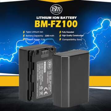 BM Premium NP-FZ100 Battery for Sony Alpha 1, ZV-E1, ZV-E10 II, FX3, FX30, a7C, a7C R, a7C II, a7S III, a6600, a6700, A7RIII, A7R3, a7 III, a7R IV, a7R V, a7 IV, a9, a9 II, a9 III, A9R, A9S Cameras